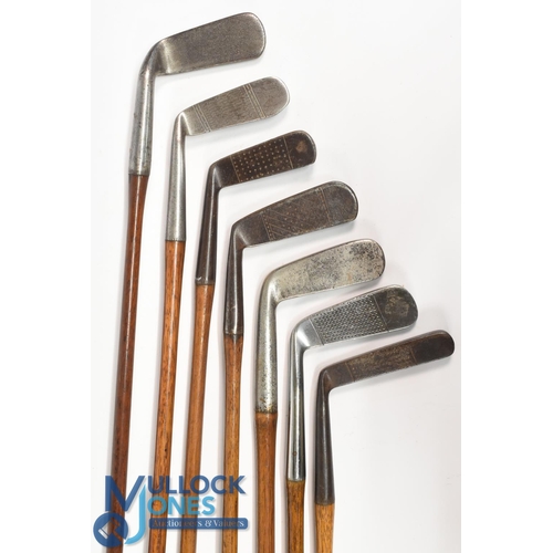 724 - Selection of 7x Interesting putters to incl heavy musselback straight blade stamped Hole me, Daisy p... 