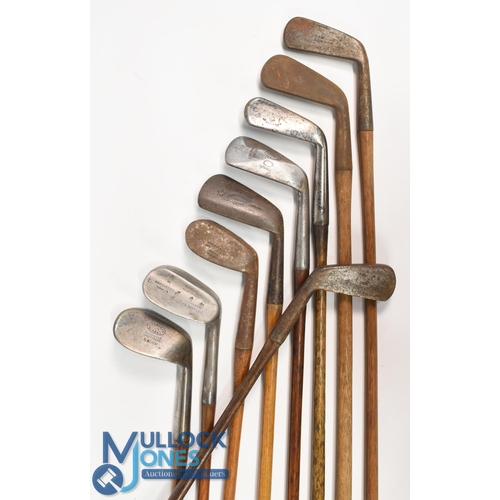 729 - 9x Assorted irons to incl J Hardman of The Wirral small head niblick, small head mashie niblick, Arm... 