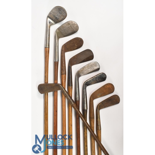 729 - 9x Assorted irons to incl J Hardman of The Wirral small head niblick, small head mashie niblick, Arm... 