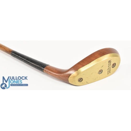 740 - Leghs Patent c1910 wooden mallet head scare neck putter with heavy full brass sole plate stamped wit... 