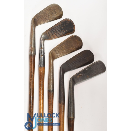 746 - 5x Assorted irons incl an unusual Fife of London smf cleek with a full length cork grip, a Maxwell m... 