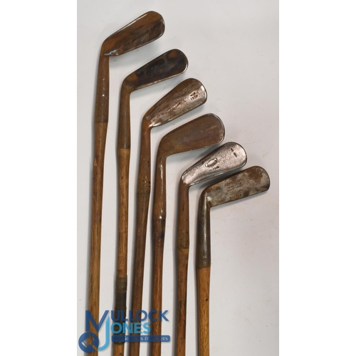 757 - 6x Left Hand Golf Clubs incl flanged bottom Winton mashie, JB Halley long iron (damaged shaft), Tom ... 