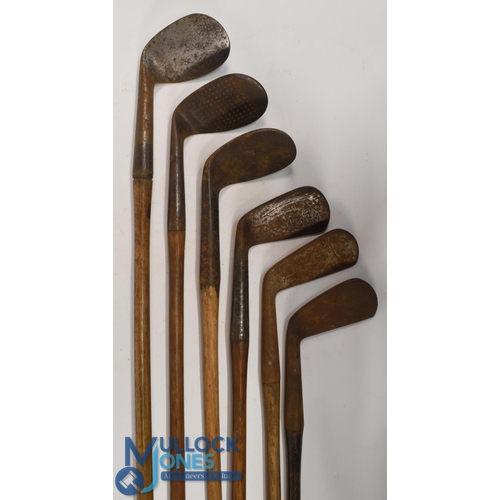 760 - 6x JH Taylor autograph golf irons to incl 2x small head niblicks, another stamped L to the blade, 2x... 