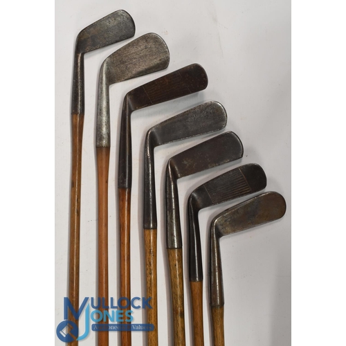 780 - 7x Assorted golf irons to incl Cann & Taylor Patent mashie iron stamped No 326015 showing a good mak... 