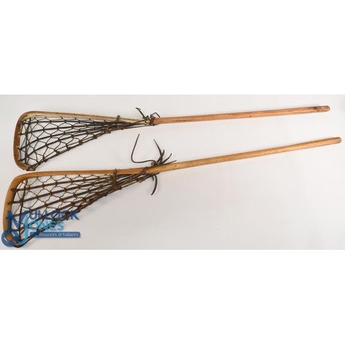 806 - Two vintage hickory Lacrosse Sticks - makers Hattersley & Sons Eccles Lancashire, Viktoria No 1 embo... 