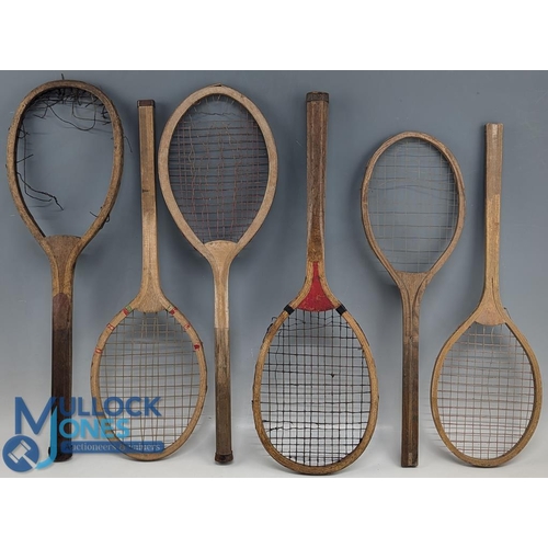 837 - 6x Period wooden Small & Junior Juvenile wooden Tennis Rackets: with a good marked junior, a small e... 