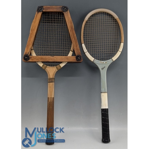 838 - 2x Period Wooden Tennis Rackets, a Riverside hardcourt racket, with a good leather butt cap retainin... 