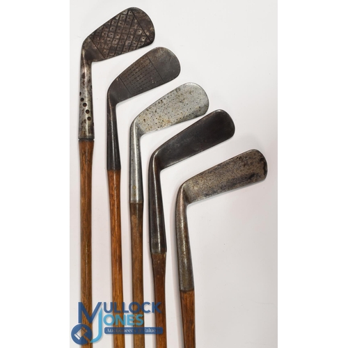 84 - 5x Various Golf clubs to incl W Park of Musselburgh patent bent neck putter, c1895 smf cleek devoid ... 