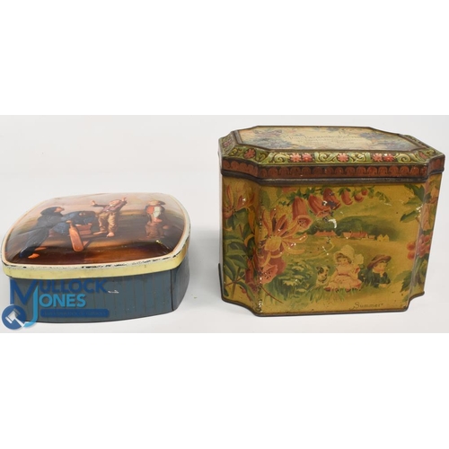 875 - Two old metal tins - A Huntley and Palmers Biscuit Tin with boys playing cricket on lid and a John B... 