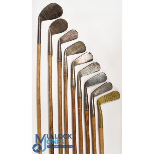 88 - 8x Assorted golf irons to incl R Forgan smf mashie and cleek with the POWF cleek mark, Tom Stewart m... 