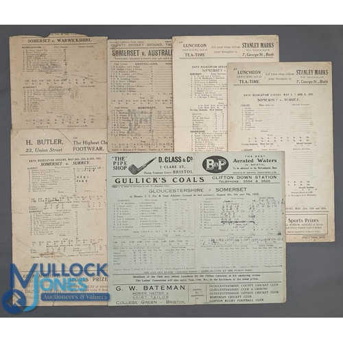 897 - 1920-1923 Cricket Score Cards, to include a worn 1920 Somerset v Warwickshire, Somerset v Australian... 