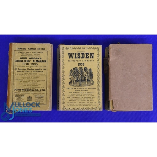 930 - 3x John Wisden's Cricketers Almanacks 1935, 1938 and 1939 - all paperback, one with a homemade cover... 