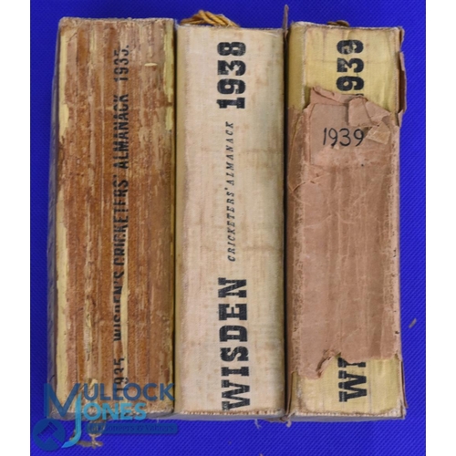 930 - 3x John Wisden's Cricketers Almanacks 1935, 1938 and 1939 - all paperback, one with a homemade cover... 