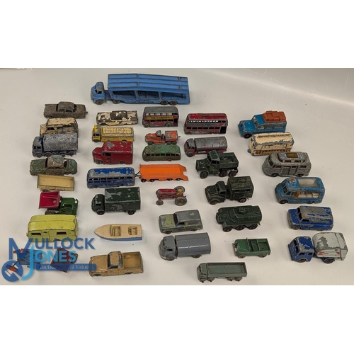 163 - Play worn Lesney Matchbox diecast toy cars: most in well used condition, with a similar sized Benbro... 