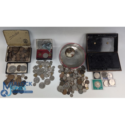 317a - Old Coin Collection, British and world coins included, in 4 tins: to include copper halfpenny, penny... 