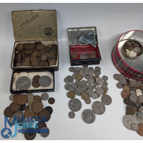 317a - Old Coin Collection, British and world coins included, in 4 tins: to include copper halfpenny, penny... 