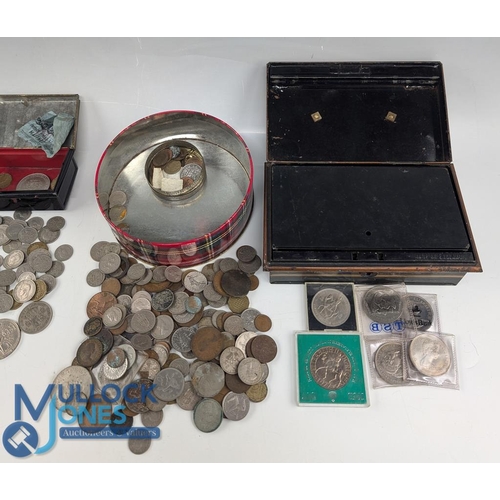 317a - Old Coin Collection, British and world coins included, in 4 tins: to include copper halfpenny, penny... 