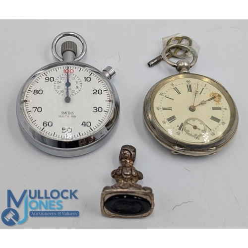 321 - Smith Stopwatch: a silver-plated pocket watch with key and a silver hallmarked (faint marks) watch f... 