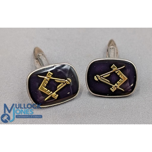 328 - 1982 Hallmarked Silver Masonic Cufflinks having gold colour enamel dividers, maker HO & S