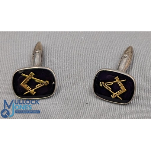 328 - 1982 Hallmarked Silver Masonic Cufflinks having gold colour enamel dividers, maker HO & S