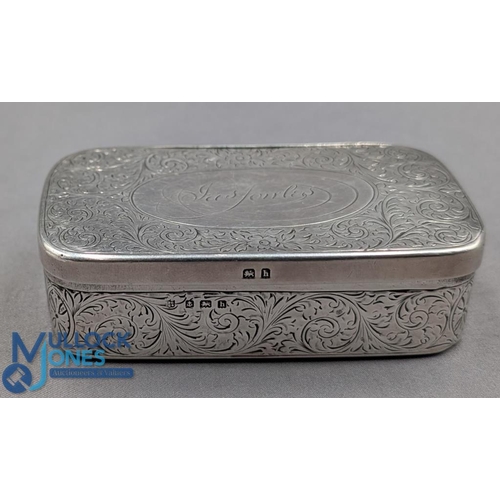 334 - 1907 Birmingham Hallmarked Silver Snuff Box Ornate foliage to top and sides internal cover with owne... 