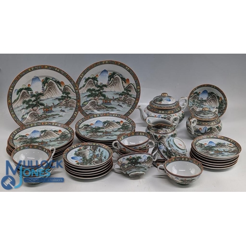 456 - Oriental Chinese China Tea Set: plates bowls, jugs and teapot with landscape scenes, flags, boats, p... 