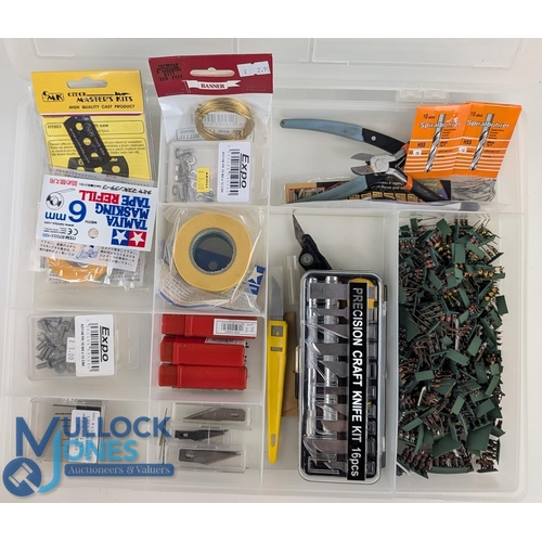 61 - Miniature Metal 8mm Wargaming Figures together with various tools in plastic divided storage box