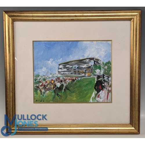 647 - David Hemmings original oil on board: a vibrant horse racing scene with grandstand, framed and mount... 