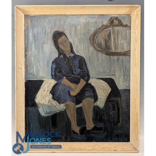 648 - 20th century Impressionist Swedish style 'girl on bed' oil on canvas - indistinct signature, quite d... 