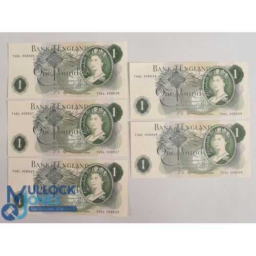 301 - 1966-1970 Bank of England £1 Notes number run of 5 T06L 458923 - T06L 458927 J S Forde Chief Cashier... 