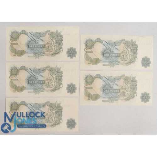 301 - 1966-1970 Bank of England £1 Notes number run of 5 T06L 458923 - T06L 458927 J S Forde Chief Cashier... 