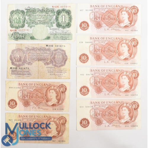 304 - 1955-1970 Bank of England Notes 1955/62 £1 O'Brien, 4 uncirculated 10 Shilling notes A37, E26, E34, ... 