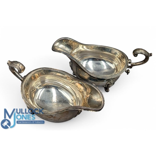 335 - Matching Pair of Sheffield Hallmarked Silver Walker & Hall Sauce Boats 1912 Floral handles, rope edg... 