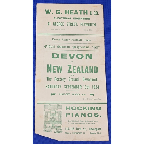 68 - Rare 1924 Invincible All Blacks at Devon Rugby Programme: Tri-fold green on white issue, 101 years o... 