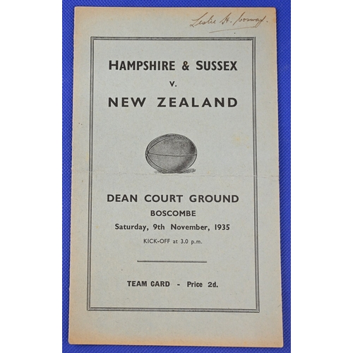 69 - Scarce 1935 Hampshire & Sussex v NZ All Blacks Rugby Programme: At Dean Court, Boscombe, 9th Novembe... 