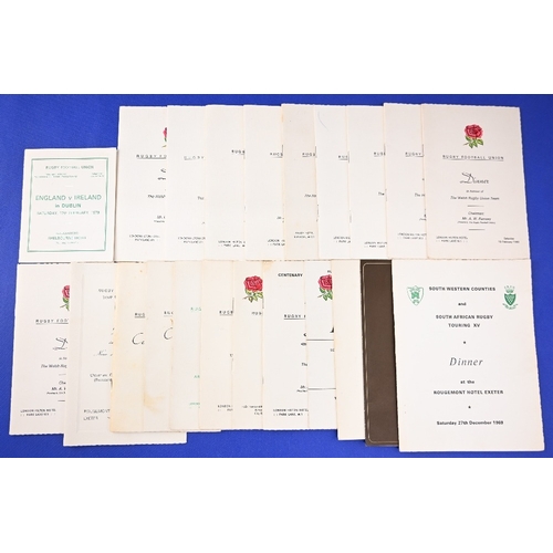 75 - 1966-84 England International Rugby Dinner Menus (21): 13 assorted Five Nations homes plus v NZ 1979... 