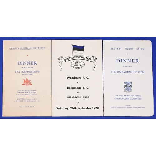 76 - 1957-93 Barbarians Rugby Dinner Menus (3): VG. Rare at B Columbia, Vancouver 1957, & v Wanderers, Du... 