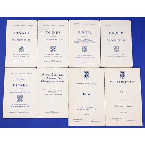 78 - 1979-84 Scottish Rugby Dinner Menus etc (8): v England 1980, 82 & 84, Wales 1981 (with JBG Thomas' s... 