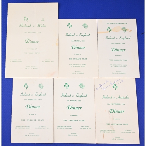 79 - 1976-85 Irish Rugby Dinner Menus (6): v Wales 1976 (Welsh Grand Slam season), v England 1979, 81, 83... 