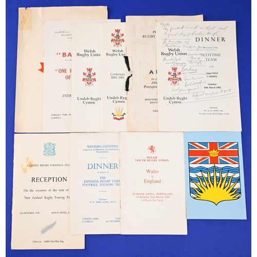 80 - 1973-83 Welsh Rugby Dinner Menus (10): Scarce British Columbia v Wales 'B' 1980 (taped corner) & v B... 