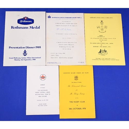 81 - 1978-85 Mostly Australian Interest Rugby Dinner Menus etc (5): VG ACT welcomes the All Blacks 1984, ... 