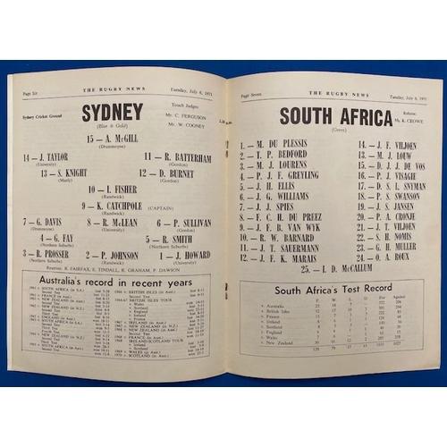 420 - 1971 Sydney v S Africa Rugby Programme: The usual competent and attractive Rugby News output. VG