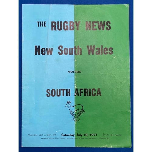 421 - 1971 NSW v S Africa Rugby Programme: The usual competent and attractive Rugby News output. Slight cr... 