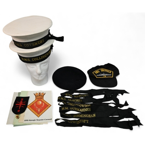 253 - Royal Navy Caps and Tallies Caps with HMS Coventry, HMS Collingwood, Cap Tallies HMS Mercury, Scylla... 