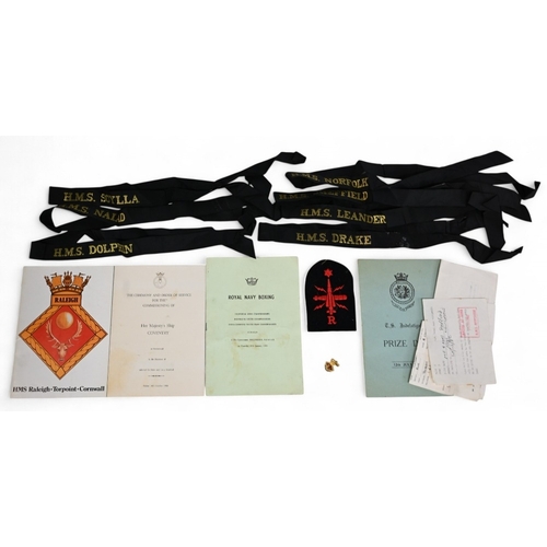 253 - Royal Navy Caps and Tallies Caps with HMS Coventry, HMS Collingwood, Cap Tallies HMS Mercury, Scylla... 