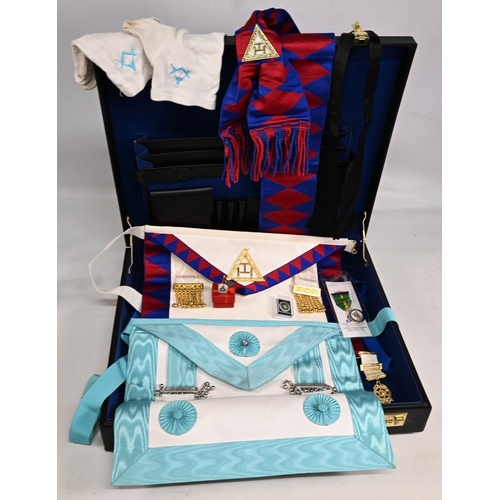 271 - Masonic Regalia Shropshire Chapter to include 2 medals, cufflinks, aprons, gloves housed in a black ... 