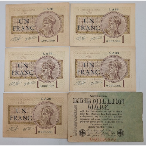 1919 French One Franc (Un Franc) Banknotes: 5 consecutive banknotes ...