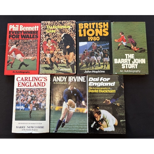 14 - Rugby Book Selection (7): A little wear but a grand selection, autobiogs of Phil Bennett, David Duck... 