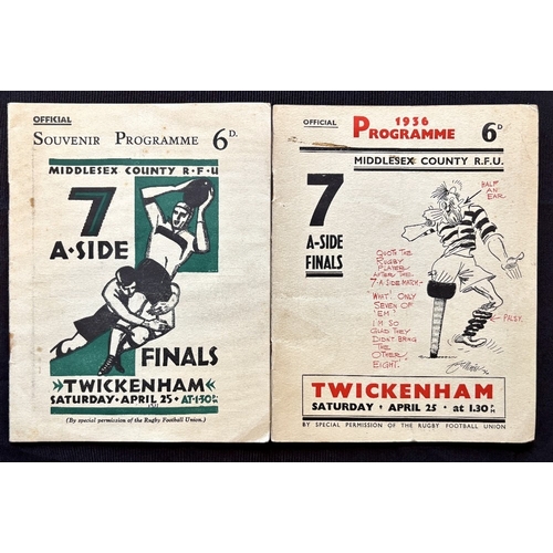53 - 1931 and 1936 early Middlesex Sevens Rugby Programmes (2): With the super coloured woodcut and carto... 