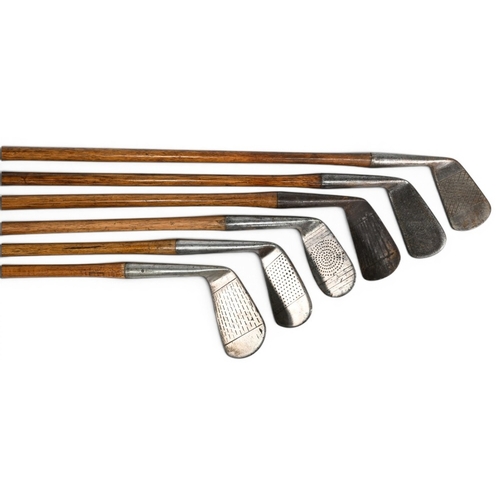 1 - 6x Various lofted Golf irons incl very deep face model B Spalding Goldsmith mashie, concentric back ... 